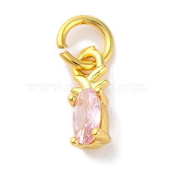 Rack Plating Brass Micro Pave Cubic Zirconia Charms, Long-Lasting Plated, Cadmium Free & Lead Free, Real 18K Gold Plated, Pineapple Charms, Pink, 9.5x3.5x3mm, Hole: 3.5mm(KK-F881-03G-06)