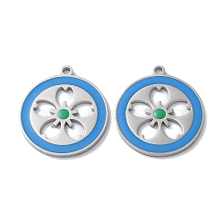 304 Stainless Steel Pendants, with Enamel, Flat Round with Sakura Charm, Stainless Steel Color, 22x20x1.5mm, Hole: 1.6mm(STAS-C083-13P-01)