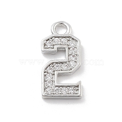 Brass Micro Pave Clear Cubic Zirconia Pendants, Number Charms, Number 2, 13x6x1mm, Hole: 1.5mm(ZIRC-I067-02C)