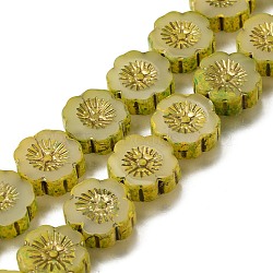 Picasso Baking Paint & Golden Metal Enlaced Glass Beads Strands, Flower, Yellow Green, 14x14.5x5mm, Hole: 0.9mm, about 29pcs/strand, 15.94''(40.5cm)(GL-CBA98F0-04A)