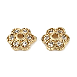 Brass Micro Pave Clear Cubic Zirconia Bead Caps, Flower, Real 18K Gold Plated, 7.5x7.5x2mm, Hole: 1.4mm(KK-I719-13B-G)