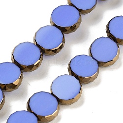 Imitation Jade Glass Beads Strands, Flat Rounnd, Faceted, Medium Slate Blue, 9.5~10x3.5~4mm, Hole: 1.4mm, about 40pcs/strand, 14.09~14.49''(35.8~36.8cm)(GLAA-H032-02-04)