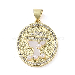 Brass Micro Pave Clear Cubic Zirconia Pendants, with ABS Imitation Pearl, Real 18K Gold Plated, Oval, 23x18x4mm, Hole: 3.5x4mm(KK-Q813-11B-G)