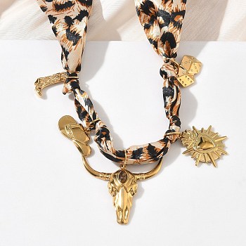 Cowboy 304 Stainless Steel & Natural Tiger Eye Cattle Heart Boot Pendant Necklaces, Leopard Print Polyester Scaft Necklaces for Women, Sandy Brown, Real 18K Gold Plated, 29.13 inch(74cm)