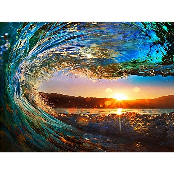 Ocean Wave Sunset Scenery 5D Diamond Painting Kits for Adult Beginners, DIY Full Round Drill Picture Art, Rhinestone Gem Paint Kits for Home Wall Decor, Deep Sky Blue, 300x400mm