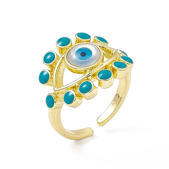 Deep Sky Blue Natural Shell Evil Eye Open Cuff Ring with Enamel, Rack Plating Brass Jewelry for Women, Cadmium Free & Lead Free, Real 18K Gold Plated, US Size 7 1/4(17.5mm)