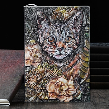 3D Embossed PU Leather Notebook, A5 Cat & Flower Pattern Journal, for School Office Supplies, Multi-color, 215x145mm