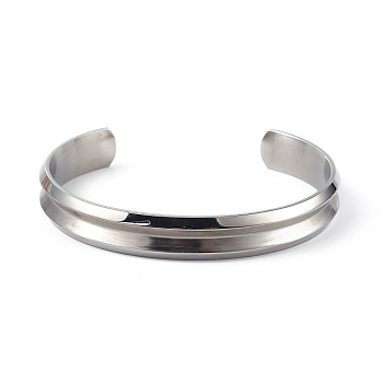 304 Stainless Steel Grooved Open Cuff Bangle for Women, Stainless Steel Color, Inner Diameter: 1-3/4x2-1/4 inch(4.55x5.75cm)