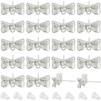 20Pcs Alloy Rhinestone Bowknot Stud Earring Findings, with Loops & 925 Sterling Silver Pins with 30pcs Plastic Ear Nuts, Silver, 8x14mm, Pin: 11x0.6mm