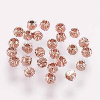 Brass Spacer Beads, Long-Lasting Plated, Corrugated Round, Rose Gold, 3x2mm, Hole: 1.2mm