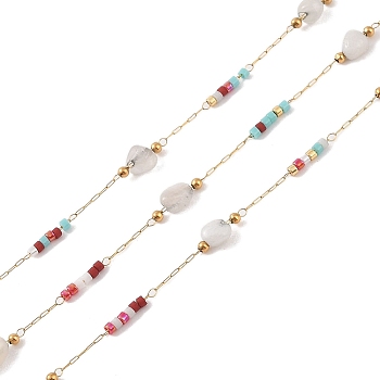 Natural Agate Link Chains, with Glass Seed Beaded and Ion Plating(IP) Real 18K Gold Plated  316 Stainless Steel Chain, Soldered, with Spools, Real 18K Gold Plated, 12~14x2.5~4x3~4mm