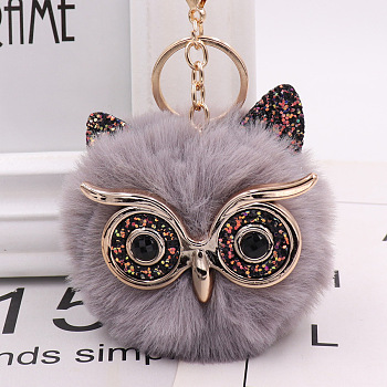 Pom Pom Ball Keychain, with KC Gold Tone Plated Alloy Lobster Claw Clasps, Iron Key Ring and Chain, Owl, Light Grey, 12cm