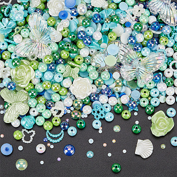 PandaHall Elite DIY Jewelry Making Kit, Including  Resin Cabochons and Beads, Acrylic Beads, Flower & Butterfly & Ring & Half Round, Green, 3~30x4~41x2~9mm, Hole: 1.4~2.5mm