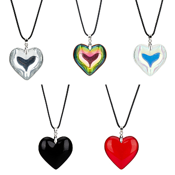 5Pcs 5 Colors Heart Glass Pendant Necklaces Set with Waxed Cord for Women, Mixed Color, 17.72 inch(45cm), 1Pc/color