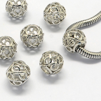 Alloy European Beads, Large Hole Beads, Rondelle, Hollow, Platinum, 11x9.5mm, Hole: 5mm