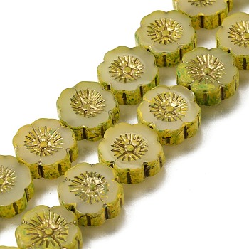Picasso Baking Paint & Golden Metal Enlaced Glass Beads Strands, Flower, Yellow Green, 14x14.5x5mm, Hole: 0.9mm, about 29pcs/strand, 15.94''(40.5cm)