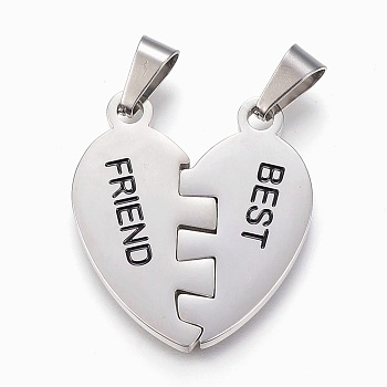 304 Stainless Steel Split Pendants, with Enamel, Heart with Word Best Friend, Stainless Steel Color, 33x30x2.5mm, Hole: 5x10mm
