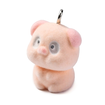 Flocky Resin Pendants, Pig, with Platinum Iron Loop, PeachPuff, 26x18.5x15.5mm, Hole: 2.4mm