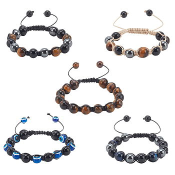 5Pcs 5 Styles Natural & Synthetic Mixed Gemstone Round & Evil Eye Braided Bead Bracelets Set, Polyester Adjustable Bracelets, Inner Diameter: 2-1/8~3-3/4 inch(5.3~9.65cm), 1pc/style