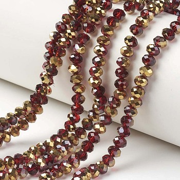 Electroplate Transparent Glass Beads Strands, Half Golden Plated, Faceted, Rondelle, Dark Red, 3.5x3mm, Hole: 0.4mm, about 123~127pcs/strand, 13.7~14.1 inch(35~36cm)