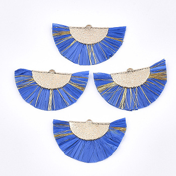 Raffia Tassel Pendants, with Metallic Cords & Brass Findings, Fan Shaped, Golden, Royal Blue, 27x45x3mm, Hole: 1x3mm