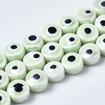 Handmade Porcelain Ceramic Beads Strands, Bright Glazed Porcelain, Flat Round with Evil Eye, Honeydew, 8x5mm, Hole: 1.5mm, about 40pcs/strand, 12.01 inch(30.5cm)