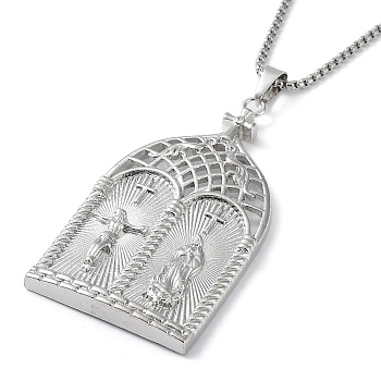 Alloy with Rhinestone Pendant Necklace, Arch with Jesus & Virgin Mary Pattern, Platinum, 23.74 inch(60.3cm)