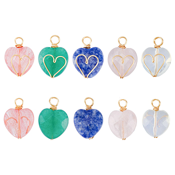 2 Sets 5 Styles Natural & Synthetic Mixed Stone Pendants, Natural Rose Quartz & Blue Spot Jasper, Opalite & Cherry Quartz Glass & Synthetic Turquoise, with Copper Wire Wrapped, Facted, Heart Charm, Golden, 21x15x8.5mm, Hole: 3.4~4mm, 1pc/style, 5pcs/set