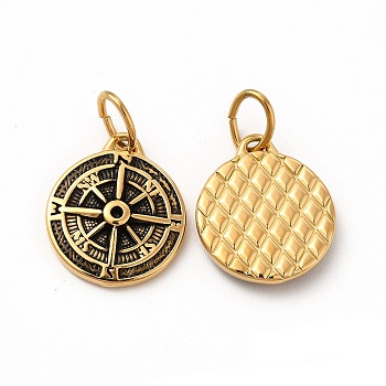 Ion Plating(IP) 304 Stainless Steel Pendants, with Jump Rings, Flat Round with Compass Charms, Antique Golden, 19x16x3mm, Hole: 6mm