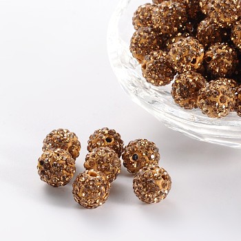 Pave Disco Ball Beads, Polymer Clay Rhinestone Beads, Round, Light Colorado Topaz, 10mm, Hole: 1.5mm