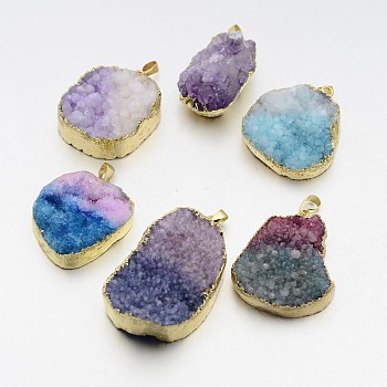 Natural Agate Crystal Electroplate Nuggets Pendants, Druzy Trimmed Stone, with Brass Findings, Mixed Color, 38~54x24~36x8~18mm, Hole: 5x8mm