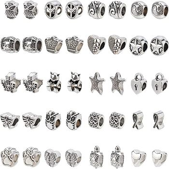 Tibetan Style Alloy European Beads, Large Hole Beads, Lead Free, Mixed Shapes, Antique Silver, 200pcs/box