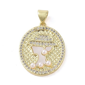 Brass Micro Pave Clear Cubic Zirconia Pendants, with ABS Imitation Pearl, Real 18K Gold Plated, Oval, 23x18x4mm, Hole: 3.5x4mm