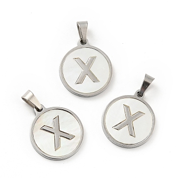 304 Stainless Steel with White Shell Pendants, Stainless Steel Color, Flat Round with Letter Charm, Letter.X, 18x16x1.5mm, Hole: 3x6mm