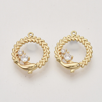Brass Cubic Zirconia Links connectors, Real 18K Gold Plated, Ring and Dolphin, Clear, Nickel Free, 19x16x4mm, Hole: 1mm