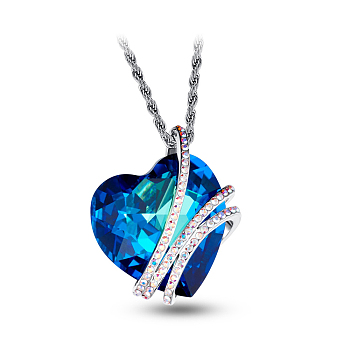 SHEGRACE Beautiful Platinum Plated Mazarine Austria Crystal Heart Pendant Necklace, 206_Sapphire, 17.7 inch