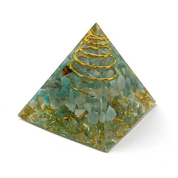 Orgonite Pyramid Resin Display Decorations, with Brass Findings, Gold Foil and Natural Amazonite Chips Inside, for Home Office Desk, 30mm