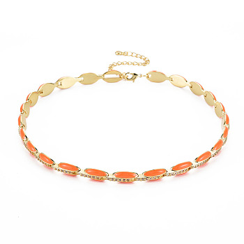 Brass Micro Pave Cubic Zirconia Link Tennis Necklaces for Women, with Enamel, Nickel Free, Real 18K Gold Plated, Oval, Dark Orange, 34x0.7cm