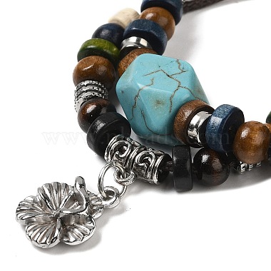 Synthetic Turquoise Polygon & Natural Wooden Beaded Double Layer Multi-strand Bracelet(BJEW-P301-01AS)-2