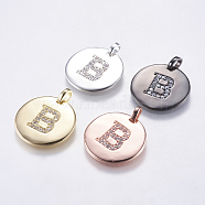 Brass Pendants, with Micro Pave Cubic Zirconia, Flat Round with Letter, Letter.B, 23~23.5x2mm, Hole: 3.5x4mm(KK-K218-B)