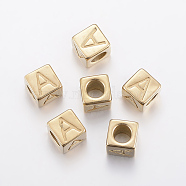 304 Stainless Steel Large Hole Letter European Beads, Horizontal Hole, Cube with Letter.A, Golden, 8x8x8mm, Hole: 5mm(X-STAS-H428-01G-A)