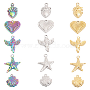 15Pcs 15 Styles 304 Stainless Steel Pendants, Angel & Heart & Heart with Flower & Shell Shape & Starfish, Mixed Color, 17.5~23x13~20x2.5~3mm, Hole: 1.8~2mm, 1pc/style(STAS-CA0001-97)