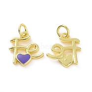 Rack Plating Brass Enamel Charms, with Jump Ring, Long-Lasting Plated, Real 18K Gold Plated, Cadmium Free & Lead Free, Word Fe with Heart, Blue Violet, 13.5x12.5x2.5mm, Jump Ring: 5x0.8mm, Inner Diameter: 3mm(KK-C008-18G-04)