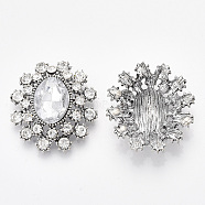 Antique Silver Plated Alloy Cabochons, with Resin Rhinestone and Crystal Glass Rhinestone, Faceted, Oval, Clear, 27.5x24.5x7mm(RB-S066-05AS-17)