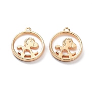 Rack Plating Alloy Resin Imitation Shell Pendants, Flat Round with Rocking Horse Charms, Light Gold, 17x15x2mm, Hole: 1.4mm(FIND-E043-09KCG)