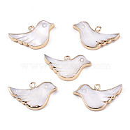 Natural Freshwater Shell Pendants, with Iron Loops, Brass Edge Golden Plated, Bird, Rosy Brown, 14x25x3mm, Hole: 1.8mm(SHEL-N026-135)