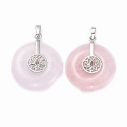 Natural Rose Quartz Pendants, with Platinum Tone Brass Findings, Donut/Pi Disc with Lotus, 35.5x30x8.5~9.5mm, Hole: 4.5x6.5mm(G-F640-B05)