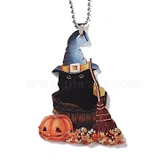 Opaque One-sided Printed Acrylic Big Pendants, with Iron, for Halloween, Cat with Pumpkin, Black, 300x2mm, Hole: 4mm(MACR-D062-03C)