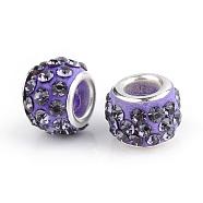 Polymer Clay Rhinestone European Beads, Large Hole Beads, Rondelle, with Silver Color Plated Brass Cores, Tanzanite, 10~12x7~8mm, Hole: 5mm(CPDL-T001-25)