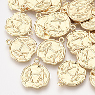 Brass Pendants, Flat Round with Constellations, Real 18K Gold Plated, Gemini, 16x14x1~1.5mm, Hole: 1mm(KK-S352-01D)